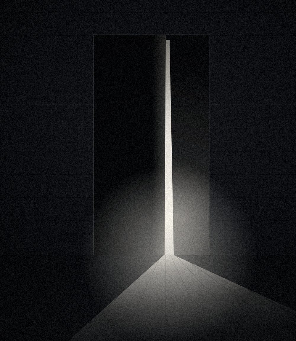 A door standing ajar, a hard line of light escaping the gap and falling across the floor